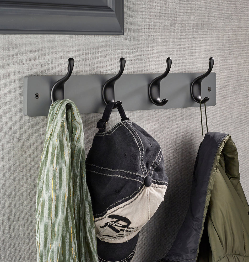 Coat Rack  -  Grey Block with 4 Black Modern Style Hooks