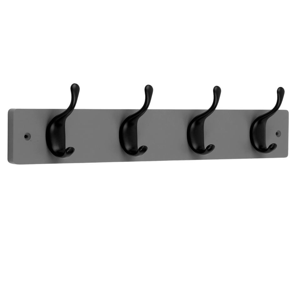 Grey Block Wooden Wall Mounted Coat Rack with Black Modern Double Hooks - 4 Hooks