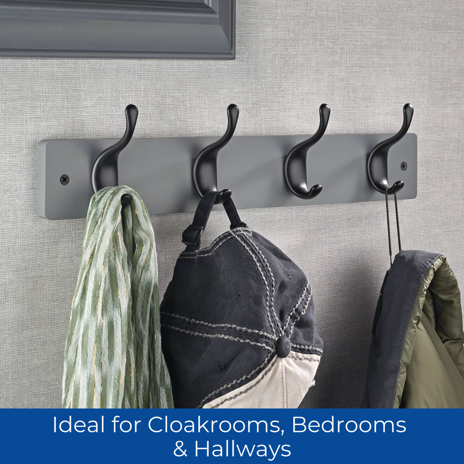 Grey Block Wooden Wall Mounted Coat Rack with Black Modern Double Hooks - 4 Hooks