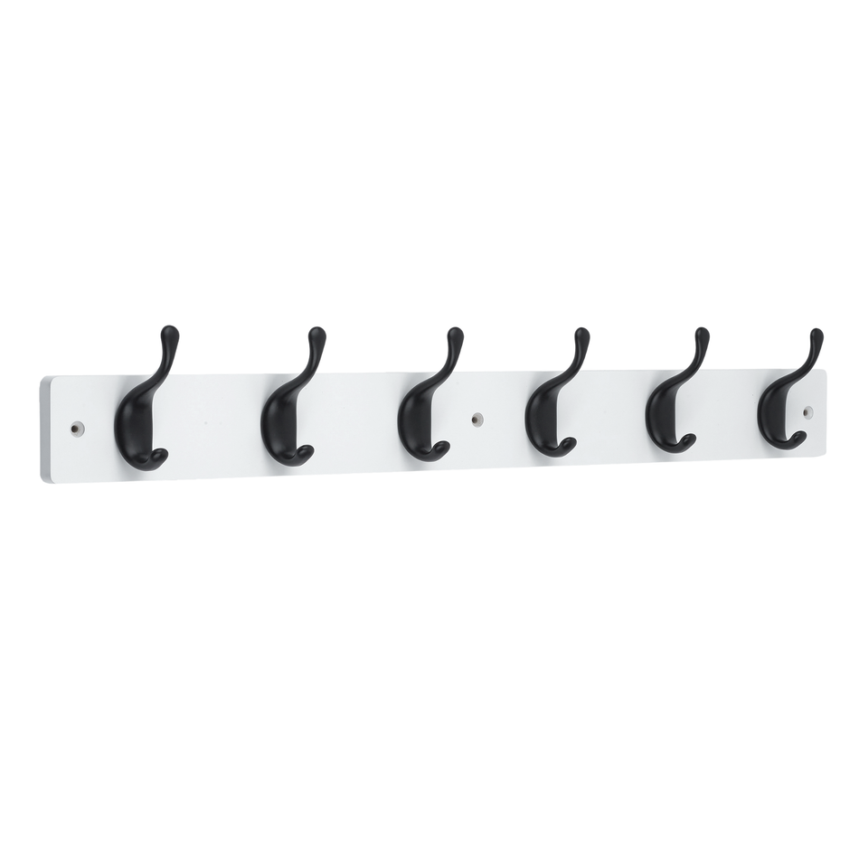 White Wooden Wall Mounted Coat Rack with Black Modern Double Hooks - 6 Hooks