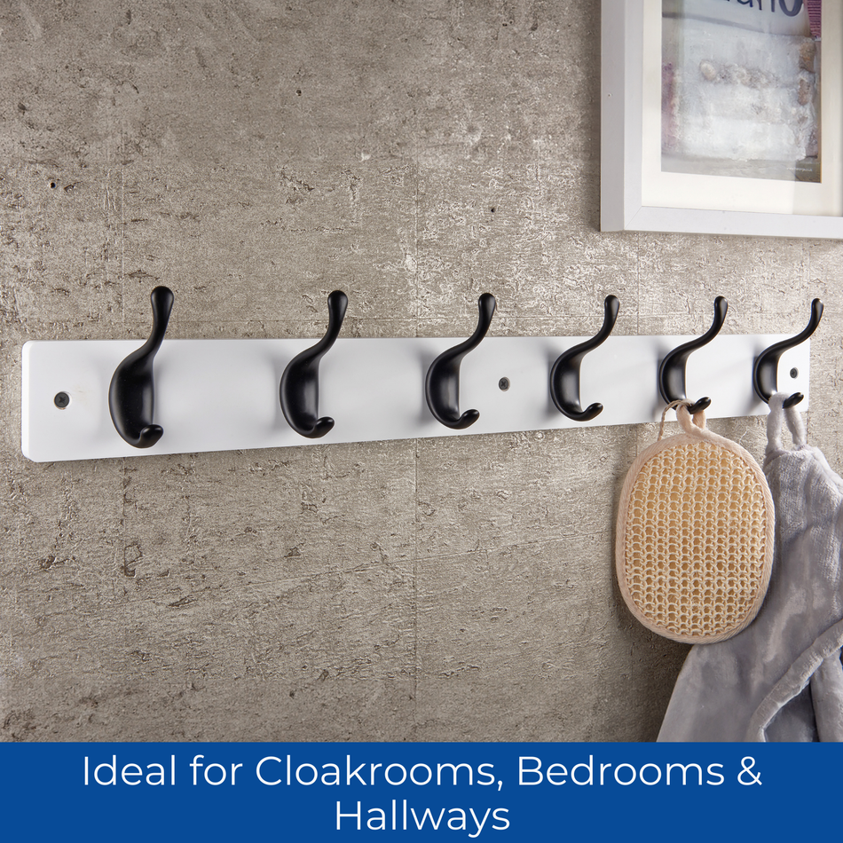 White Wooden Wall Mounted Coat Rack with Black Modern Double Hooks - 6 Hooks