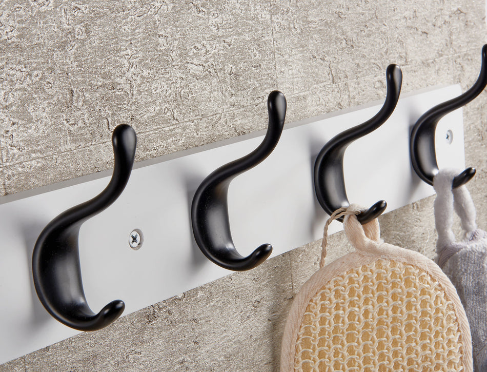 Coat Rack  -  White Block with 6 Modern Black Hooks