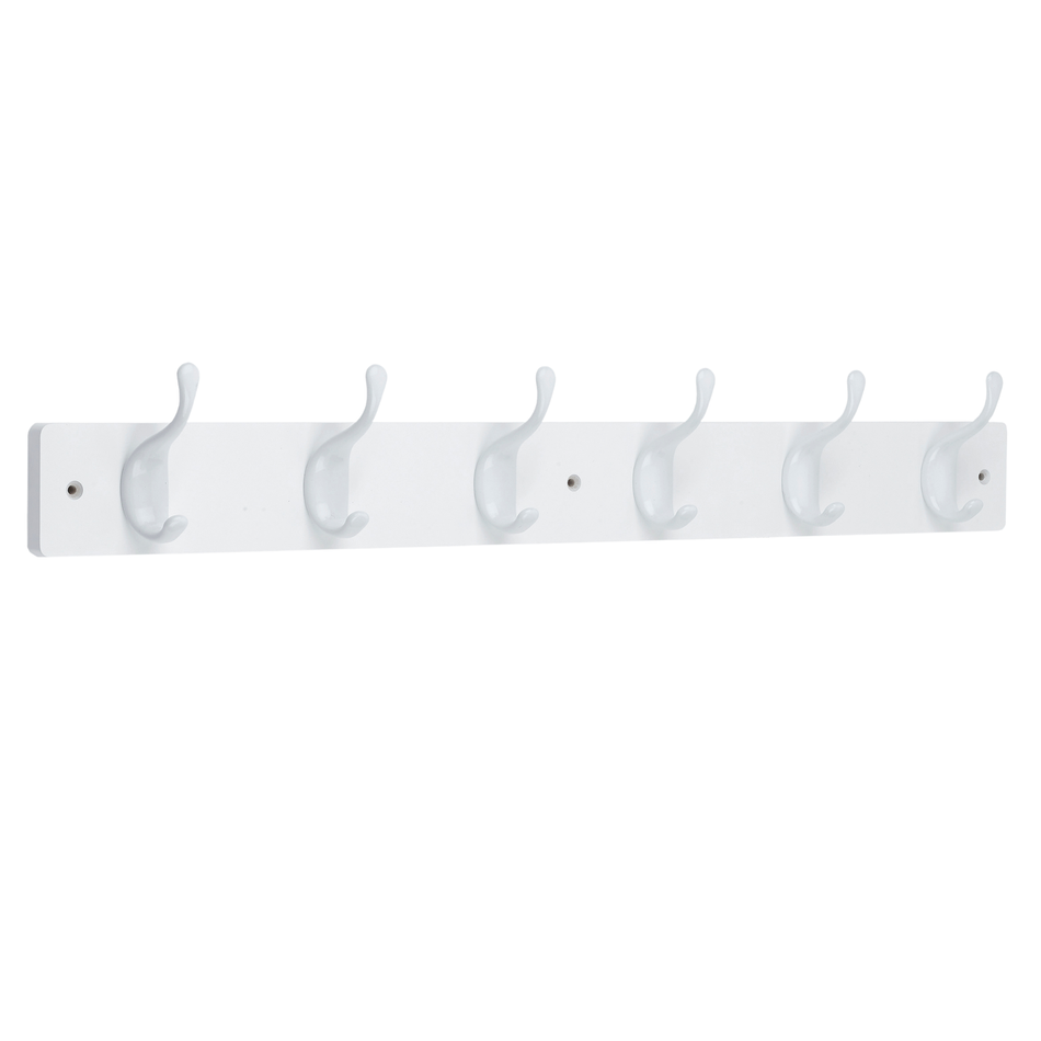 White Wooden Wall Mounted Coat Rack with White Modern Double Hooks - 6 Hooks