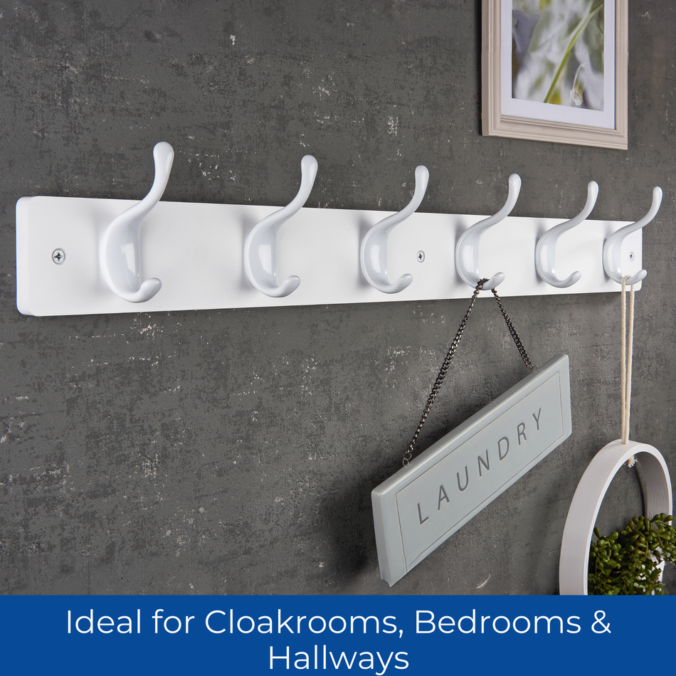 White Wooden Wall Mounted Coat Rack with White Modern Double Hooks - 6 Hooks