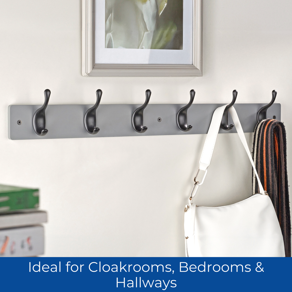 Grey Block Wooden Wall Mounted Coat Rack with Black Modern Double Hooks - 6 Hooks