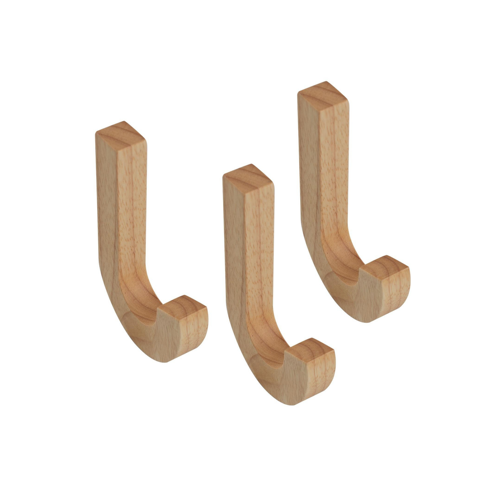 3 Wall Mounted Hooks-50mm J Pine Wood Decorative Coat Hooks