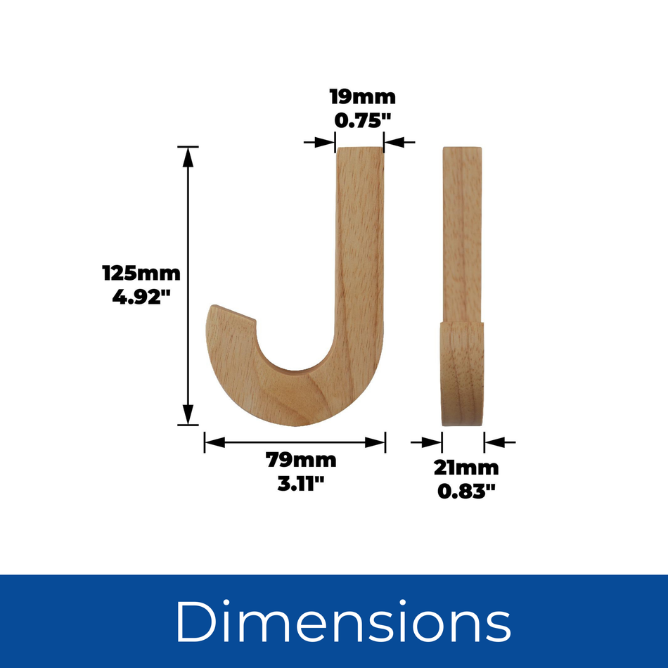 3 Wall Mounted Hooks-50mm J Pine Wood Decorative Coat Hooks