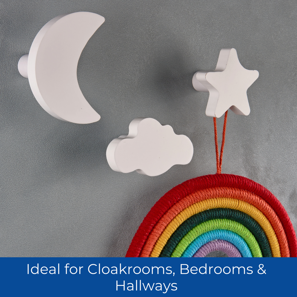 Wall Mounted Night Sky Coat Hooks Set for Kids - White Moon and Stars