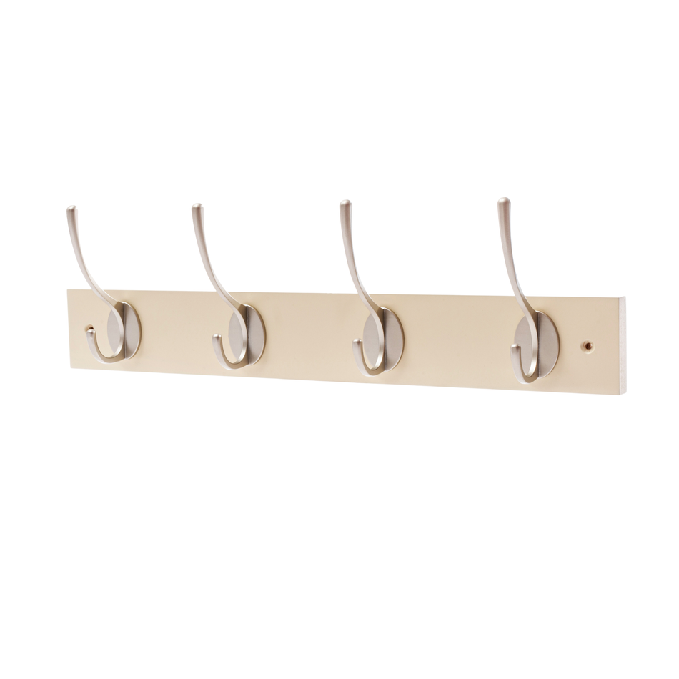 Cream Wall Mounted Coat Rack with Victorian Satin Nickel Hooks - 4 Double Hooks