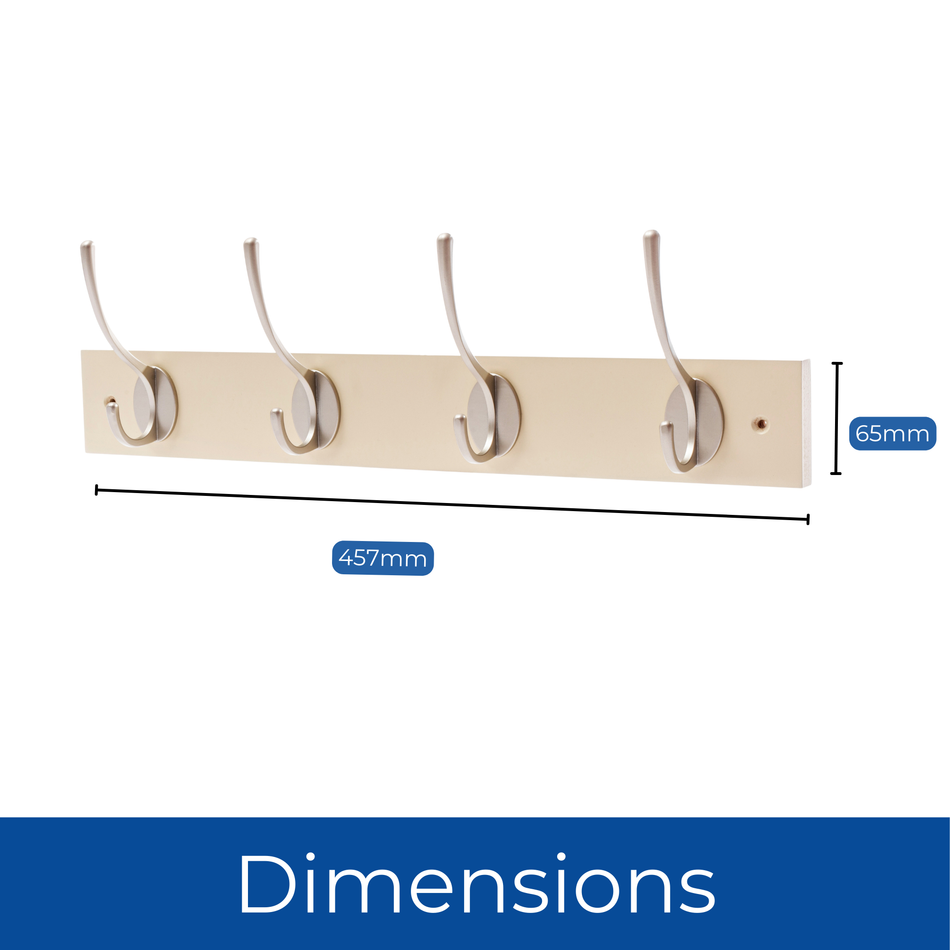 Cream Wall Mounted Coat Rack with Victorian Satin Nickel Hooks - 4 Double Hooks