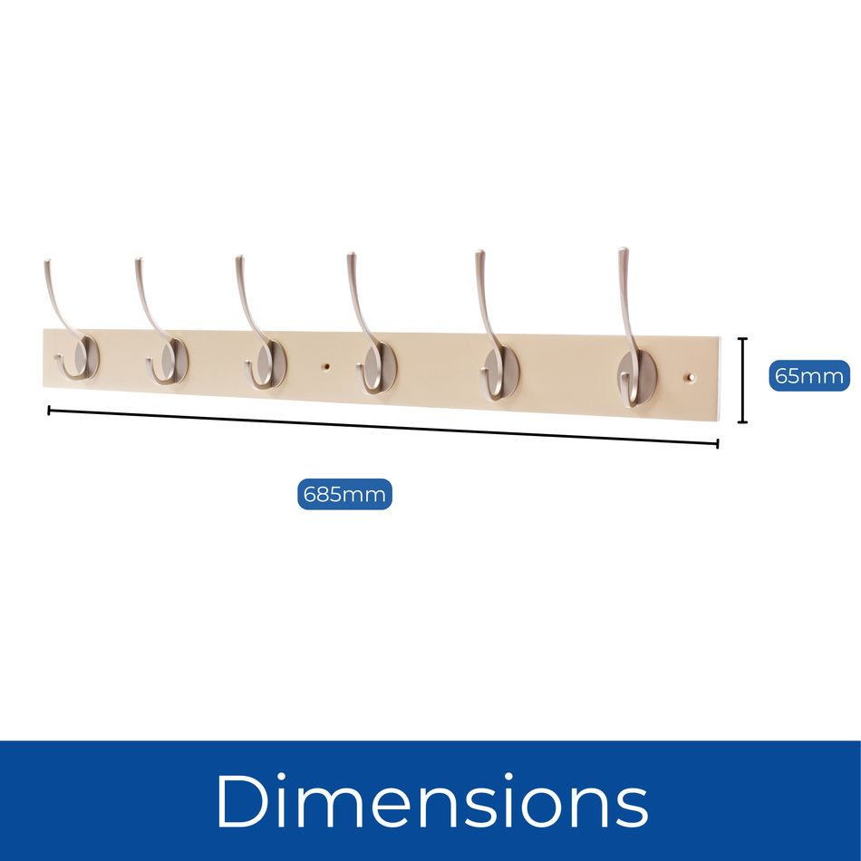 Cream Wall Mounted Coat Rack with Victorian Satin Nickel Hooks - 6 Double Hooks