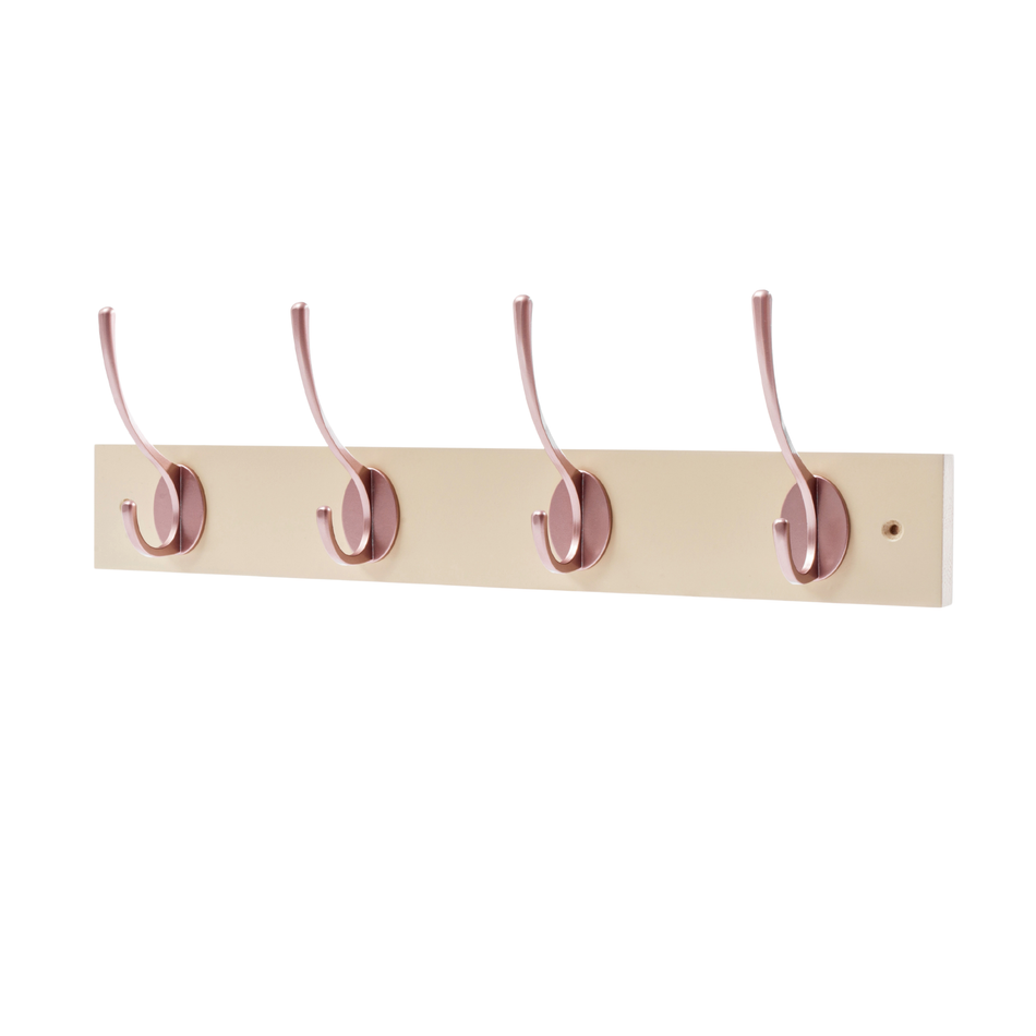 Cream Wall Mounted Coat Rack with Victorian Rose Gold Hooks - 4 Double Hooks