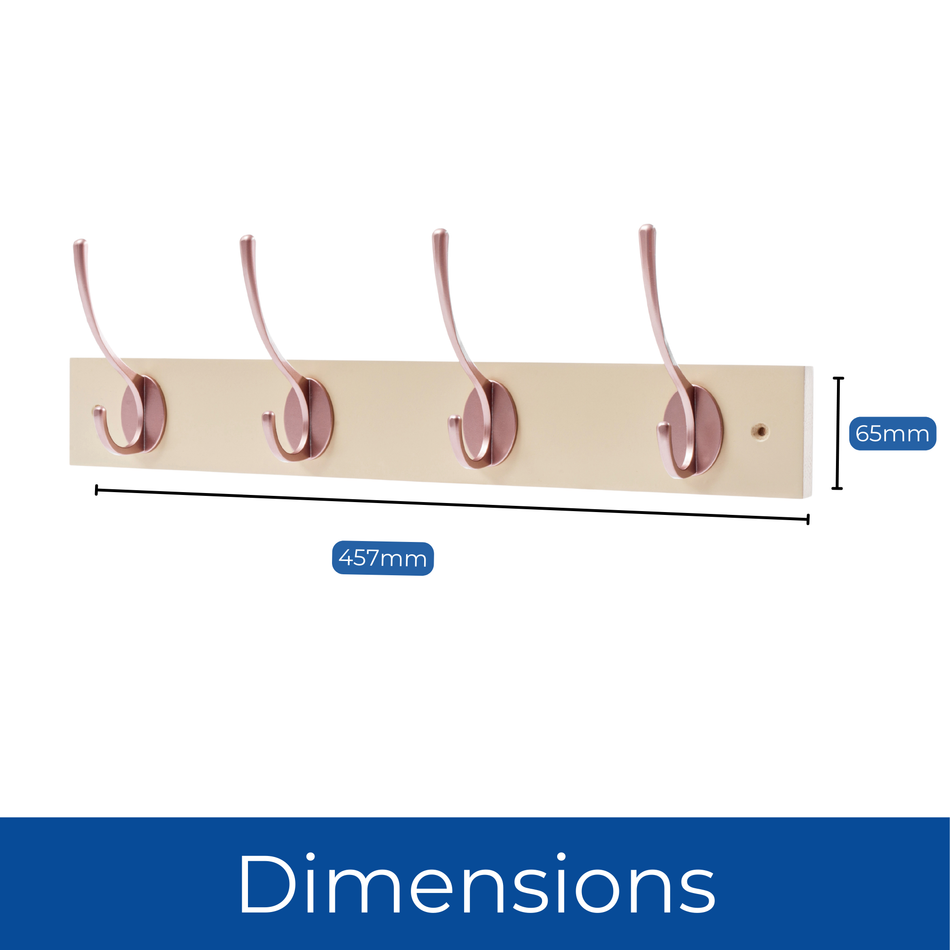 Cream Wall Mounted Coat Rack with Victorian Rose Gold Hooks - 4 Double Hooks