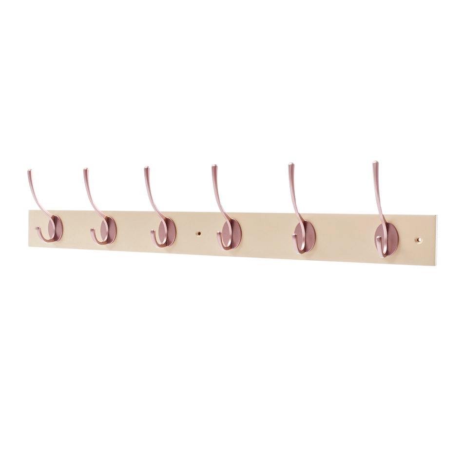 Cream Wall Mounted Coat Rack with Victorian Rose Gold Hooks - 6 Double Hooks