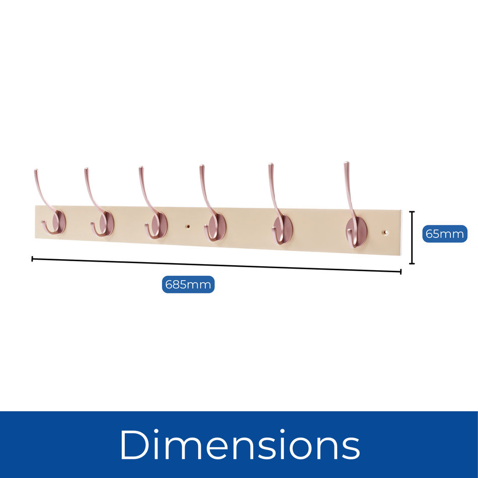 Cream Wall Mounted Coat Rack with Victorian Rose Gold Hooks - 6 Double Hooks