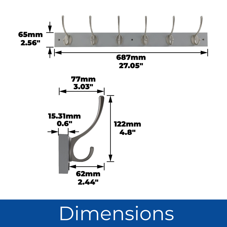 Dove Grey Wall Mounted Coat Rack with Victorian Satin Nickel Hooks - 6 Double Hooks
