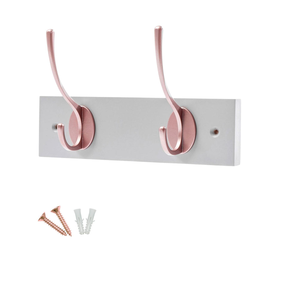 2 Rose Gold Coat Hooks on Dove Grey Wooden Board