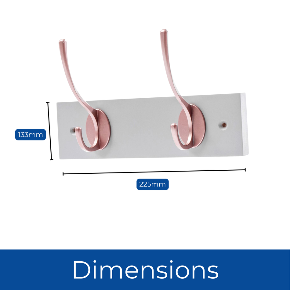 Coat Hooks Wall & Door Mounted 22.5cm - Dove Grey Board, 2 Double Rose Hooks