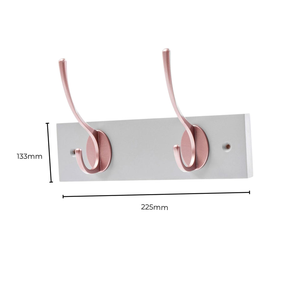 2 Rose Gold Coat Hooks on Dove Grey Wooden Board