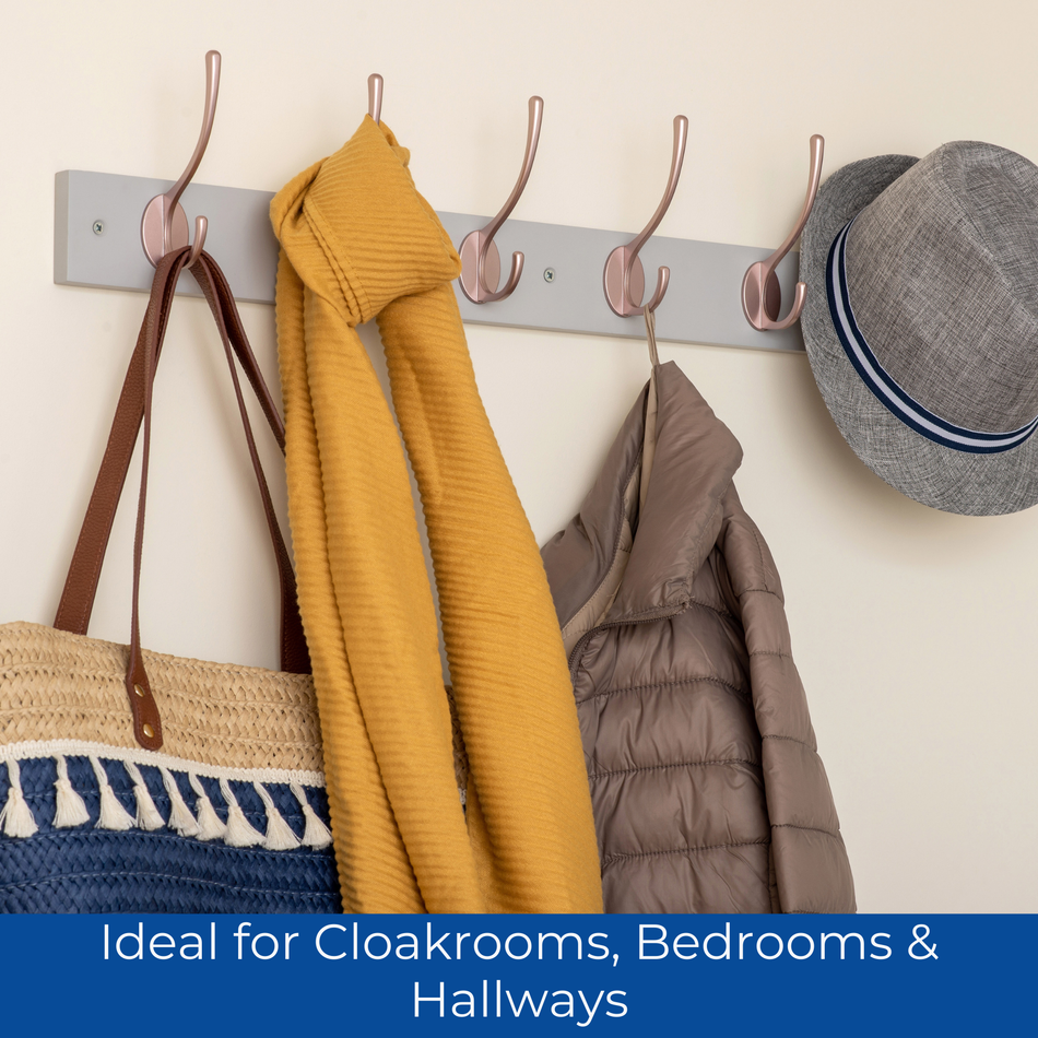 Dove Grey Wall Mounted Coat Rack with Victorian Rose Gold Hooks - 6 Double Hooks