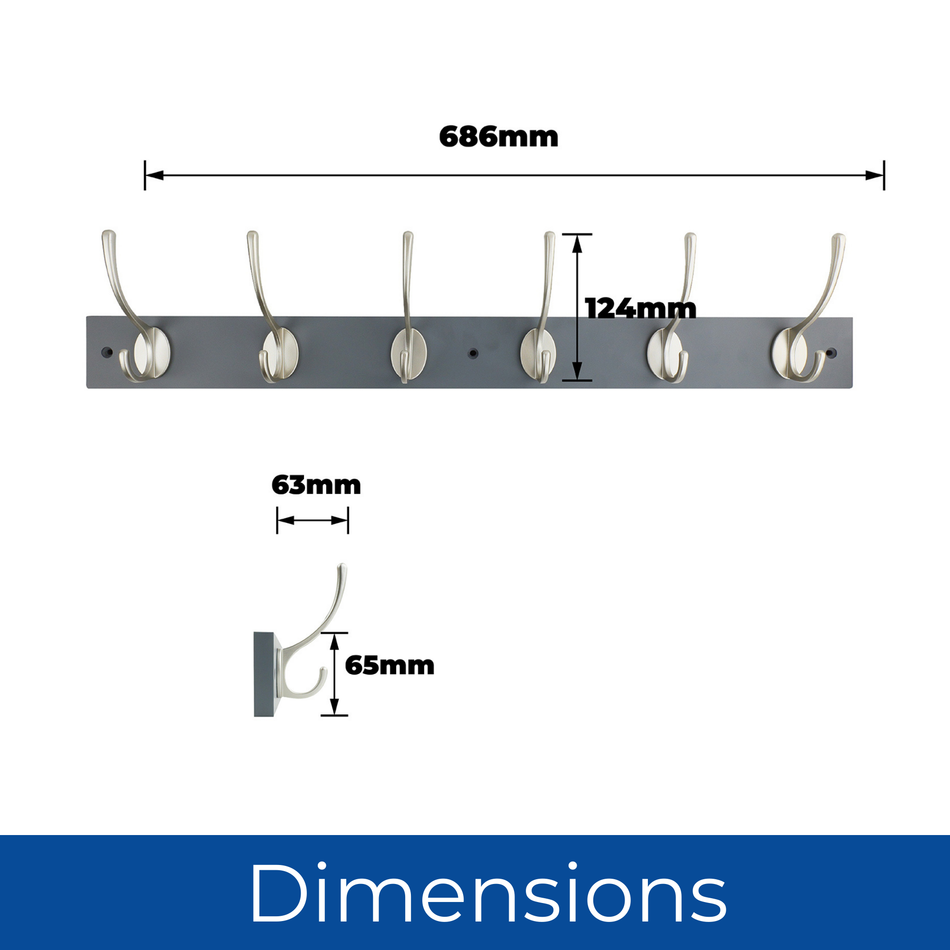 Slate Grey Wall Mounted Coat Rack with Victorian Satin Nickel Hooks - 6 Double Hooks