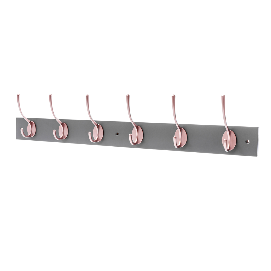 Slate Grey Wall Mounted Coat Rack with Victorian Rose Gold Hooks - 6 Double Hooks
