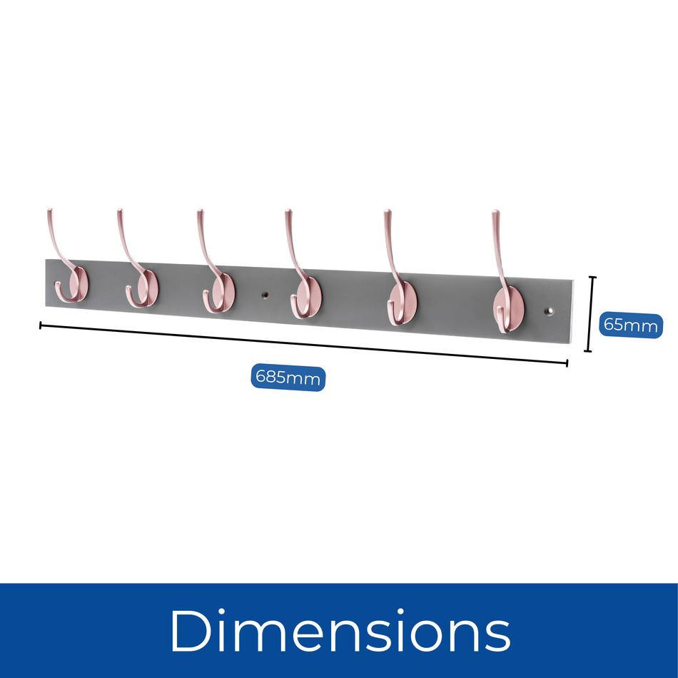 Slate Grey Wall Mounted Coat Rack with Victorian Rose Gold Hooks - 6 Double Hooks