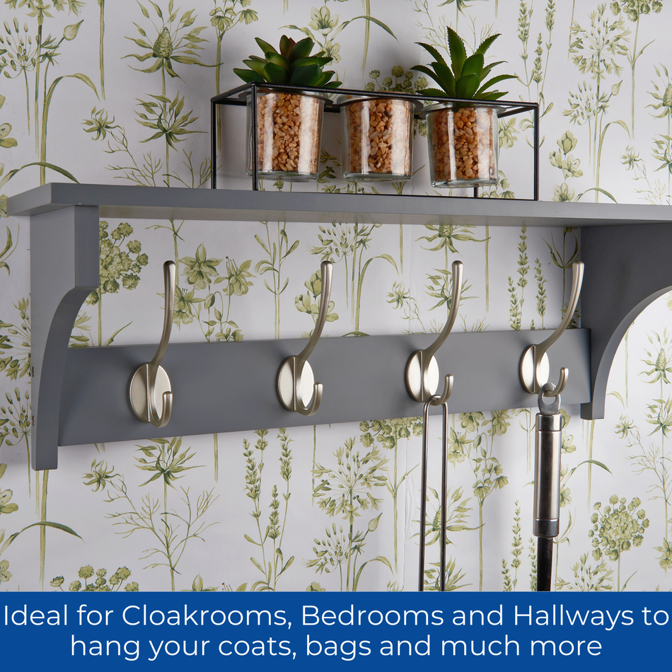 Victorian 4 Hook Coat Rack Wall Mounted with Shelf- 560mm- Grey Wood