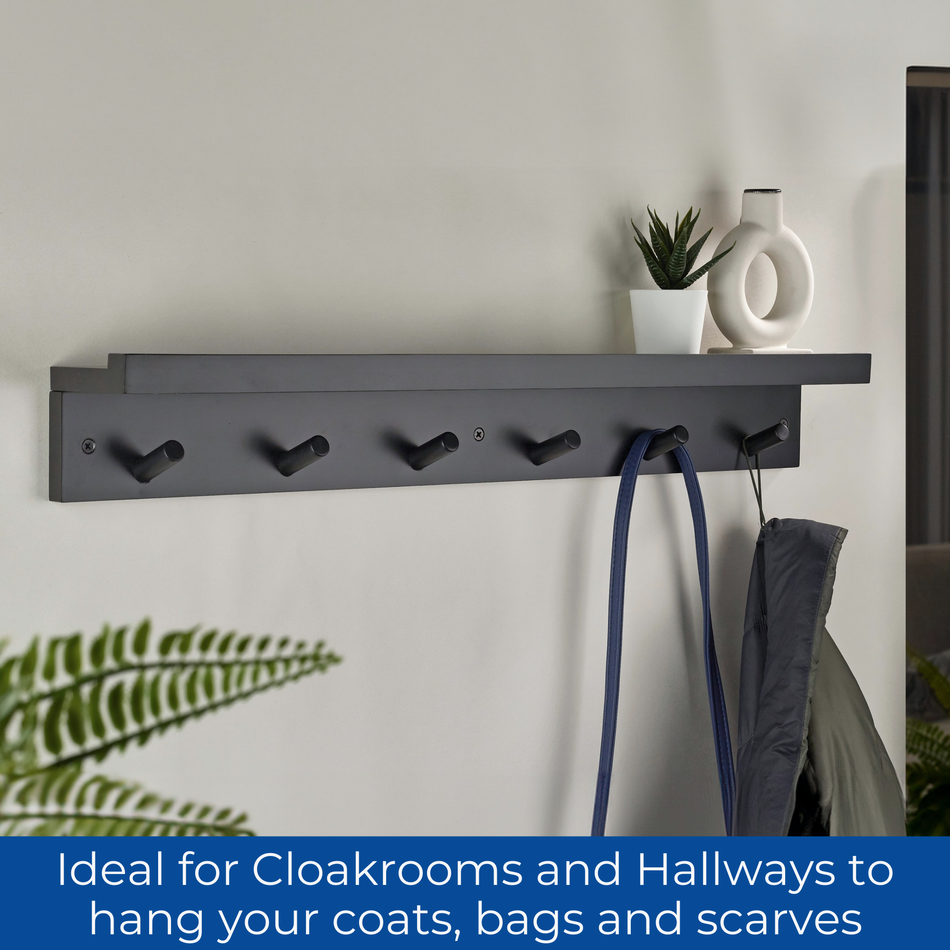 Black Wall Mounted Coat Rack with Shelf - 6 Hooks