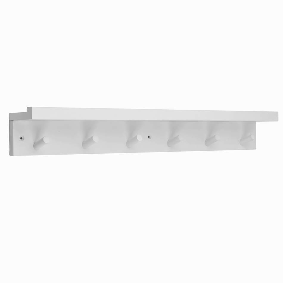White Wall Mounted Coat Rack with Shelf - 6 Hooks