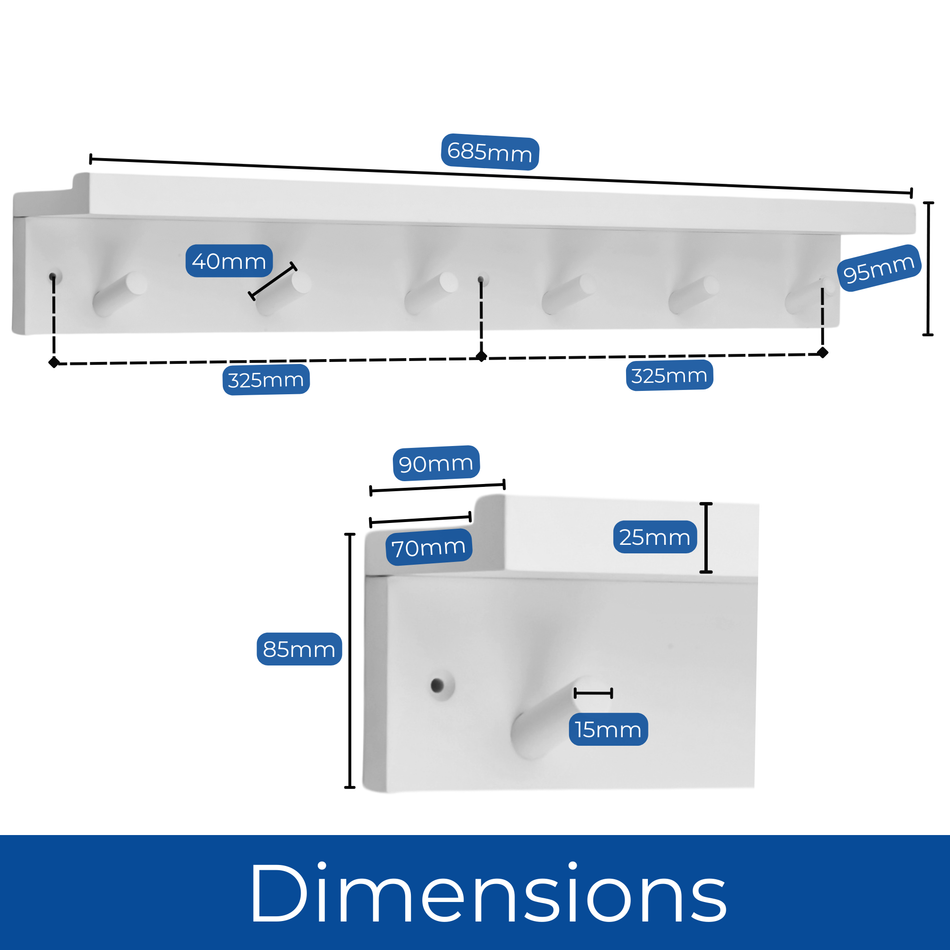 White Wall Mounted Coat Rack with Shelf - 6 Hooks