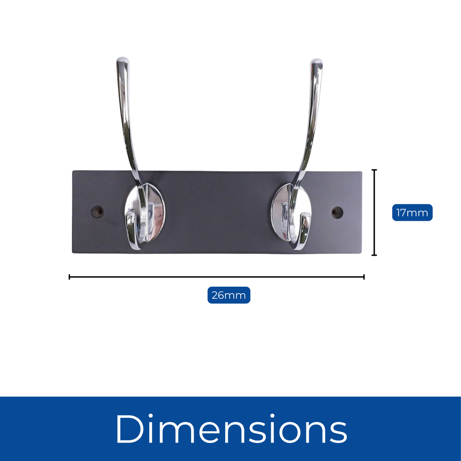 Black Wall Mounted Coat Rack with Victorian Chrome Hooks - 2 Double Hooks