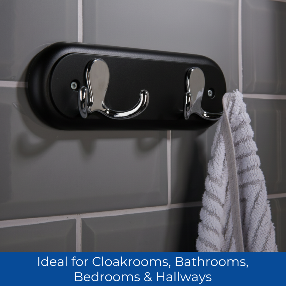 Black Wall Mounted Coat Rack with Chrome Hooks - 2 Double Hooks