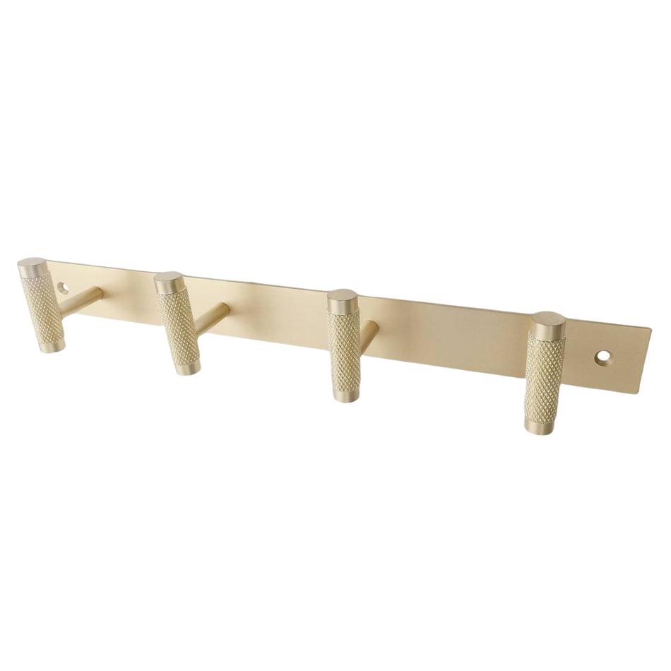 Brushed Brass Wall Mounted Coat Rack with Knurled Hooks - 4 Hooks