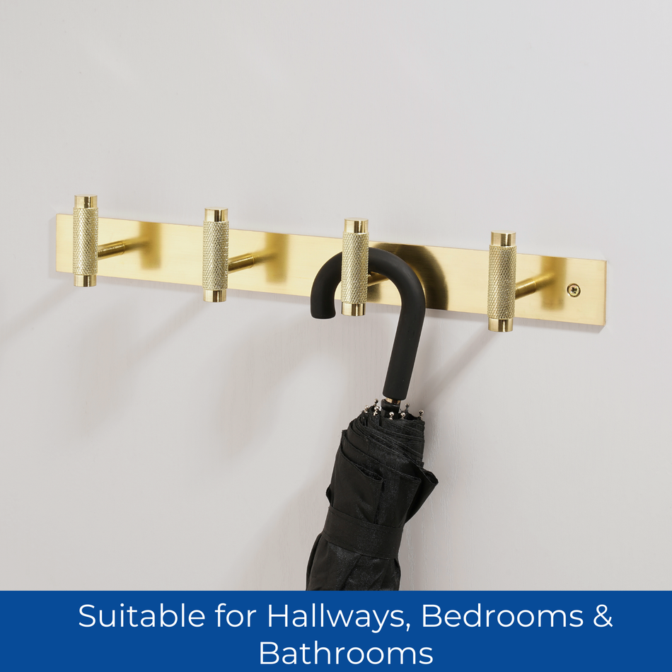 Brushed Brass Wall Mounted Coat Rack with Knurled Hooks - 4 Hooks