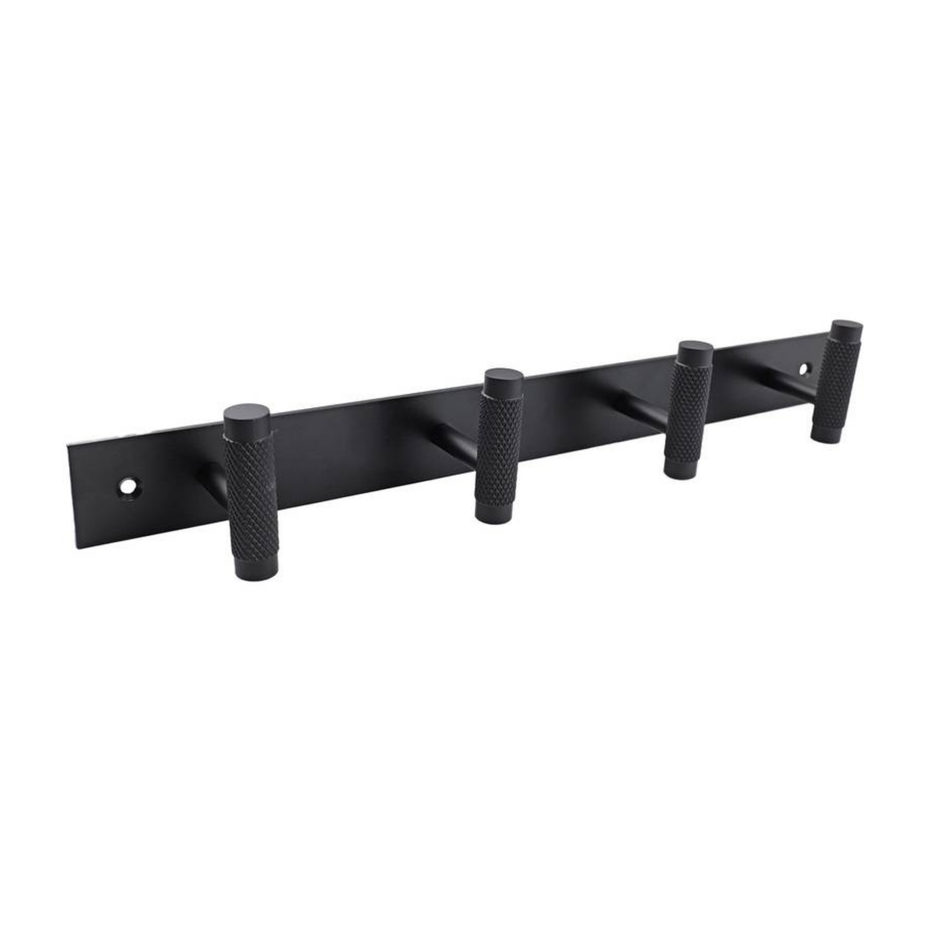 Black Metal Wall Mounted Coat Rack with Knurled Hooks - 4 Hooks