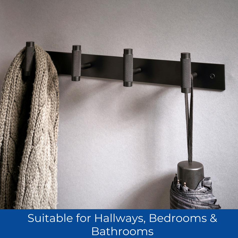 Black Metal Wall Mounted Coat Rack with Knurled Hooks - 4 Hooks