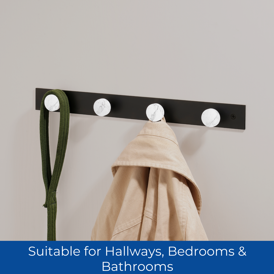 Black Wall Mounted Coat Rack with Round Marble Hooks - 4 Hooks