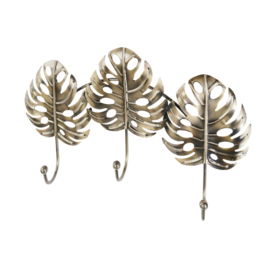 Brushed Brass Wide Leaf 3 Hook Decorative Wall Mounted Coat Rack