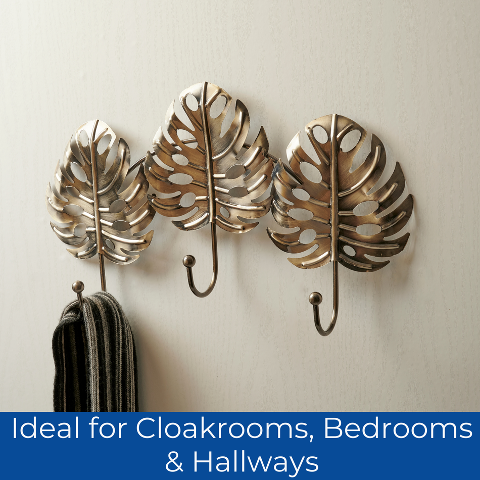 Brushed Brass Wide Leaf 3 Hook Decorative Wall Mounted Coat Rack