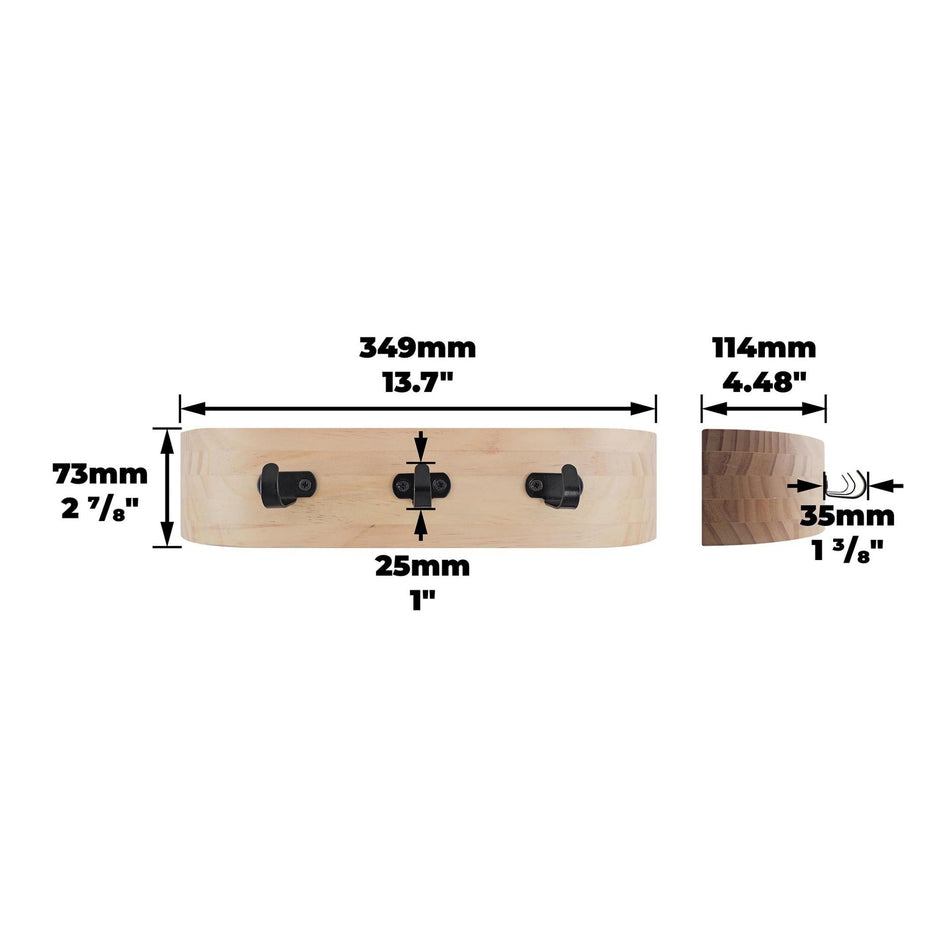 Wooden Key Holder & Curved Shelf, Wall Mounted Scandi Key Rack, 3 Black Hooks