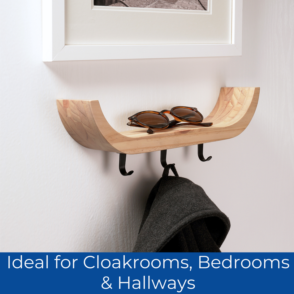 Wooden Key Holder & Curved Shelf, Wall Mounted Scandi Key Rack, 3 Black Hooks