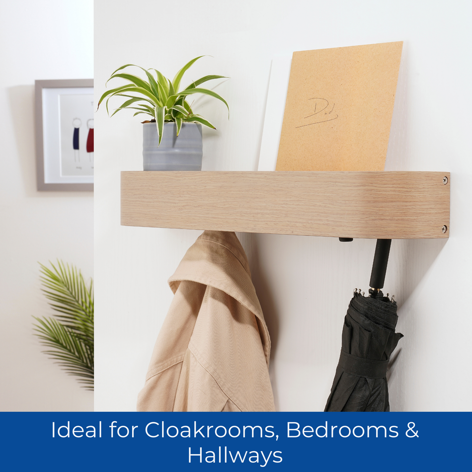 Wooden Wall Coat Rack With 4 Hidden Hooks & Floating Shelf