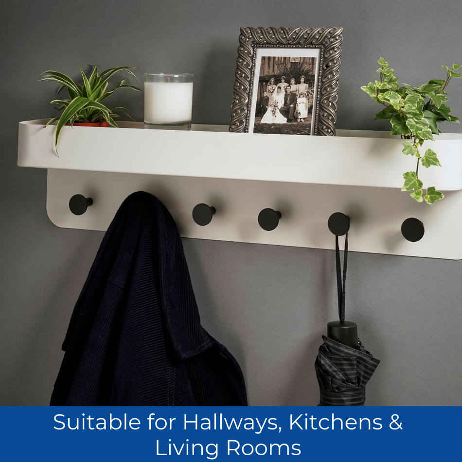 White/Black Wall Mounted Coat Rack with Shelf - 6 Pegs