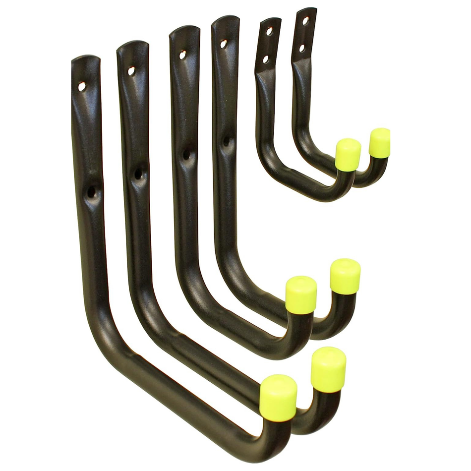 Black Universal Garage Hooks with Yellow End Caps -Variety 6 Pack