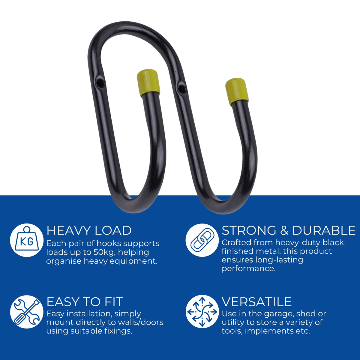 Heavy Duty Metal Utility Double Wall Hooks 7cm Black Yellow End Caps Pack 3 - Select Hardware