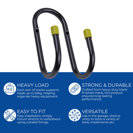 Heavy Duty Metal Utility Double Wall Hooks 7cm Black Yellow End Caps Pack 3 - Select Hardware