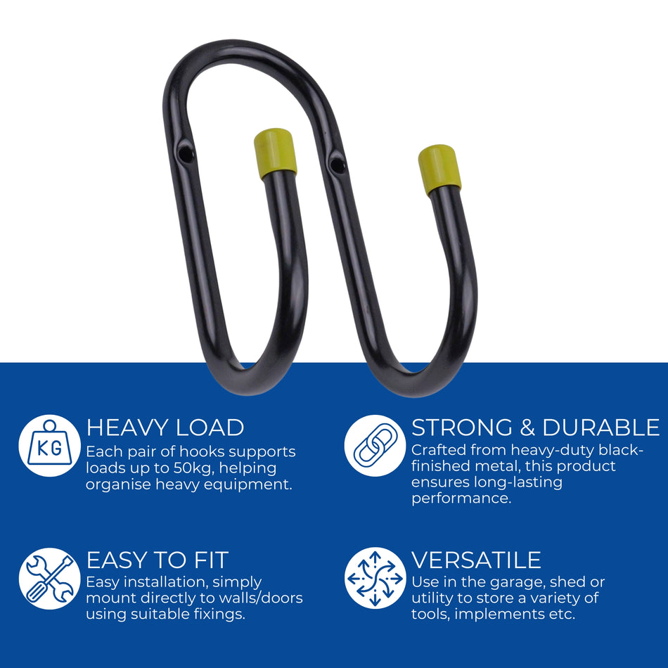 Heavy Duty Metal Utility Double Wall Hooks 7cm Black Yellow End Caps Pack 3