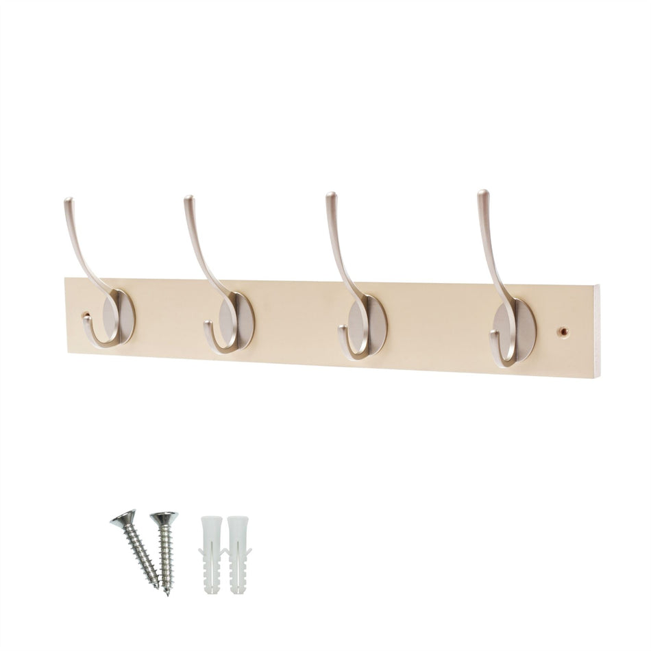 Cream Wall Mounted Coat Rack with Victorian Satin Nickel Hooks - 4 Double Hooks