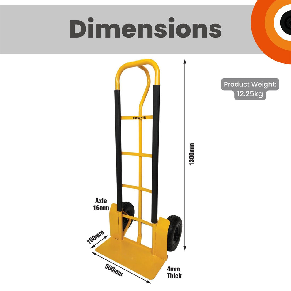 Heavy Duty Sack Truck 350kg P-Handle Solid Puncture Proof Tyres, Steel Barrow